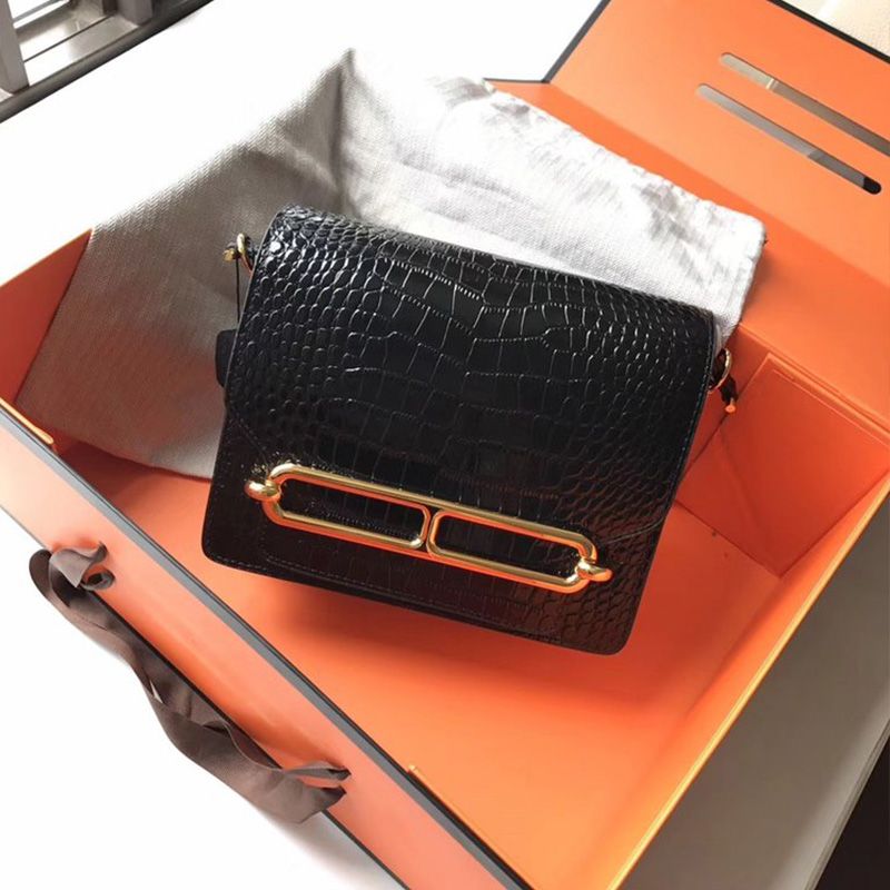 Hermes Roulis Bag Alligator Leather Gold Hardware In Black