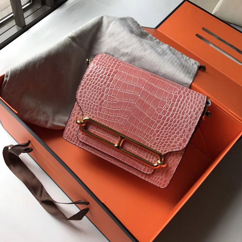 Hermes Roulis Bag Alligator Leather Gold Hardware In Pink