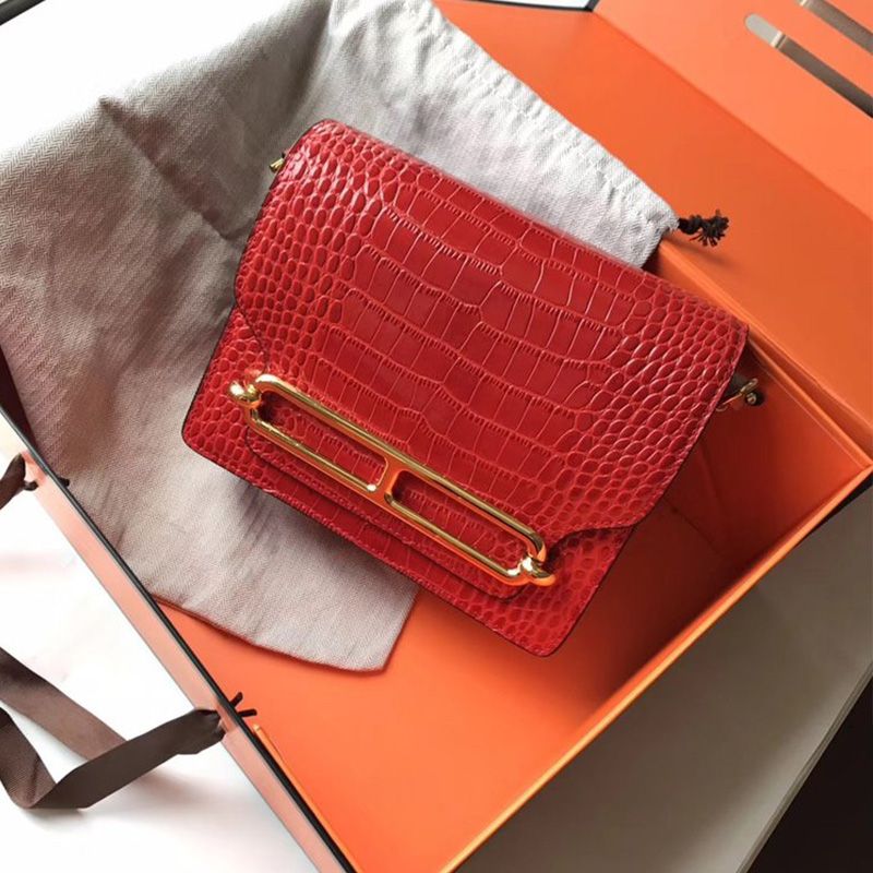 Hermes Roulis Bag Alligator Leather Gold Hardware In Red