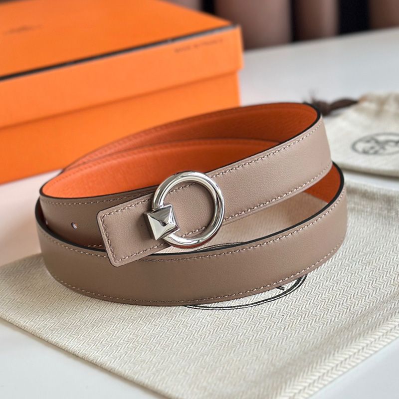 Hermes Round Buckle 24 Reversible Belt Leather In Orange Brown