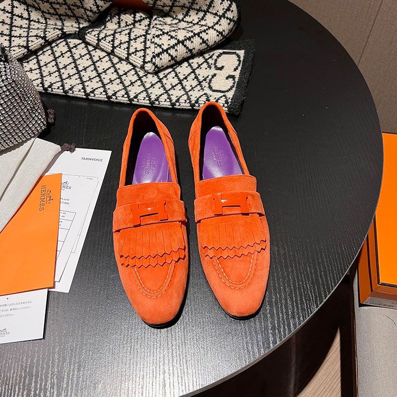 Hermes Royal Loafers Women Suede with Fringe and H Buckle In Orange