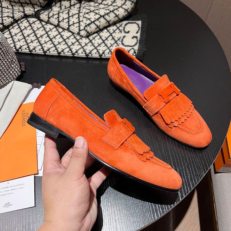 Hermes Royal Loafers Women Suede with Fringe and H Buckle In Orange