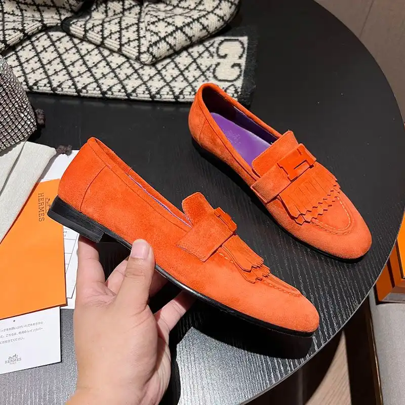 Affordable Hermes Royal Loafers Women Suede with Fringe and H Buckle In Orange