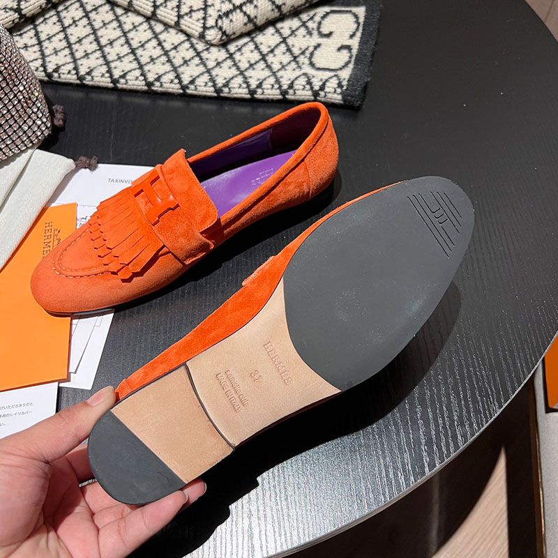 Hermes Royal Loafers Women Suede with Fringe and H Buckle In Orange