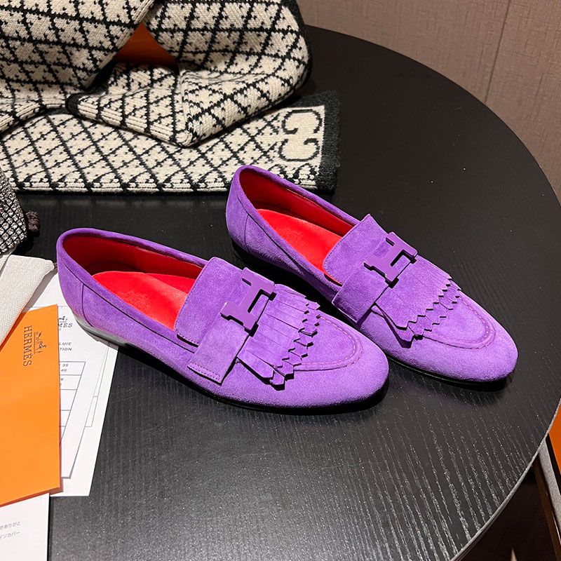 Hermes Royal Loafers Women Suede with Fringe and H Buckle In Purple