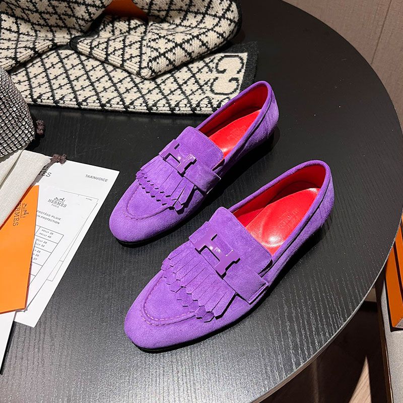 Hermes Royal Loafers Women Suede with Fringe and H Buckle In Purple