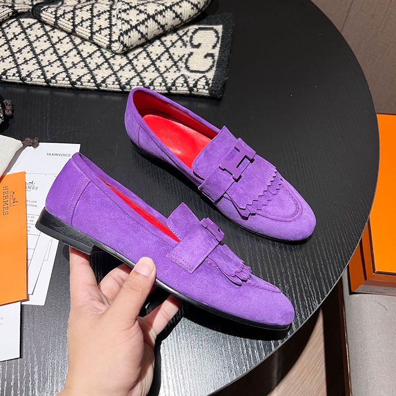 Hermes Royal Loafers Women Suede with Fringe and H Buckle In Purple