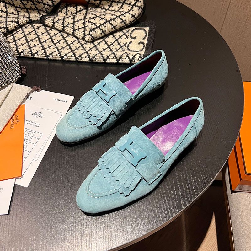 Hermes Royal Loafers Women Suede with Fringe and H Buckle In Sky Blue