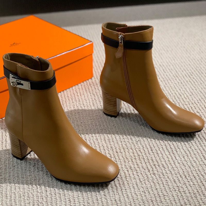 Hermes Saint Germain Ankle Boots Women Genuine Leather In Khaki