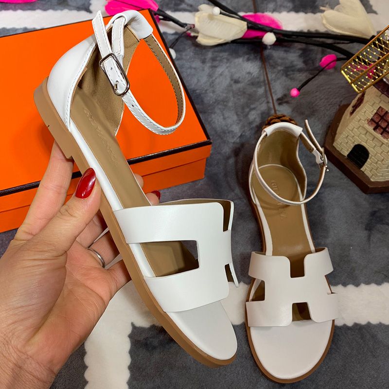 Hermes Santorini Flat Sandals Women Calfskin In White