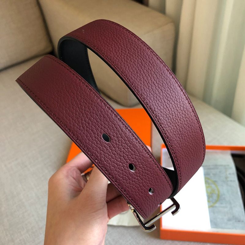 Hermes Society Buckle 32MM Reversible Belt Togo Leather In Burgundy