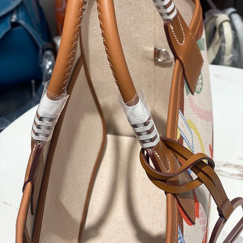 Hermes Steeple 25 Bag H Plume Canvas with Clic Clac Panoplie Equestre Motif In Beige Multicolor