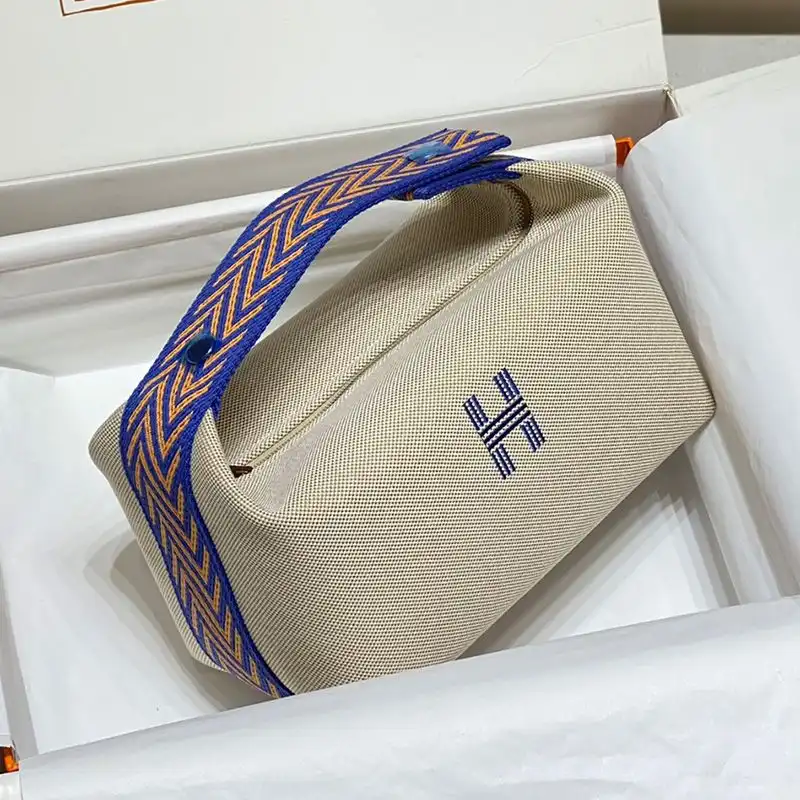 Hermes Trousse Bride-A-Brac Case Canvas Palladium Hardware In Beige Blue