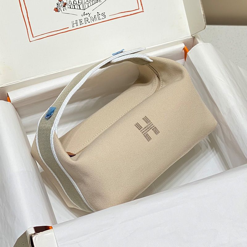 Hermes Trousse Bride-A-Brac Case Canvas Palladium Hardware In Beige Grey