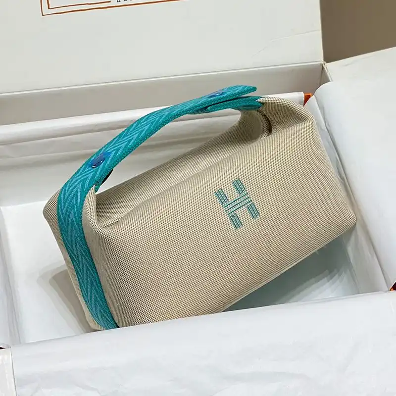 Hermes Trousse Bride-A-Brac Case Canvas Palladium Hardware In Beige Teal