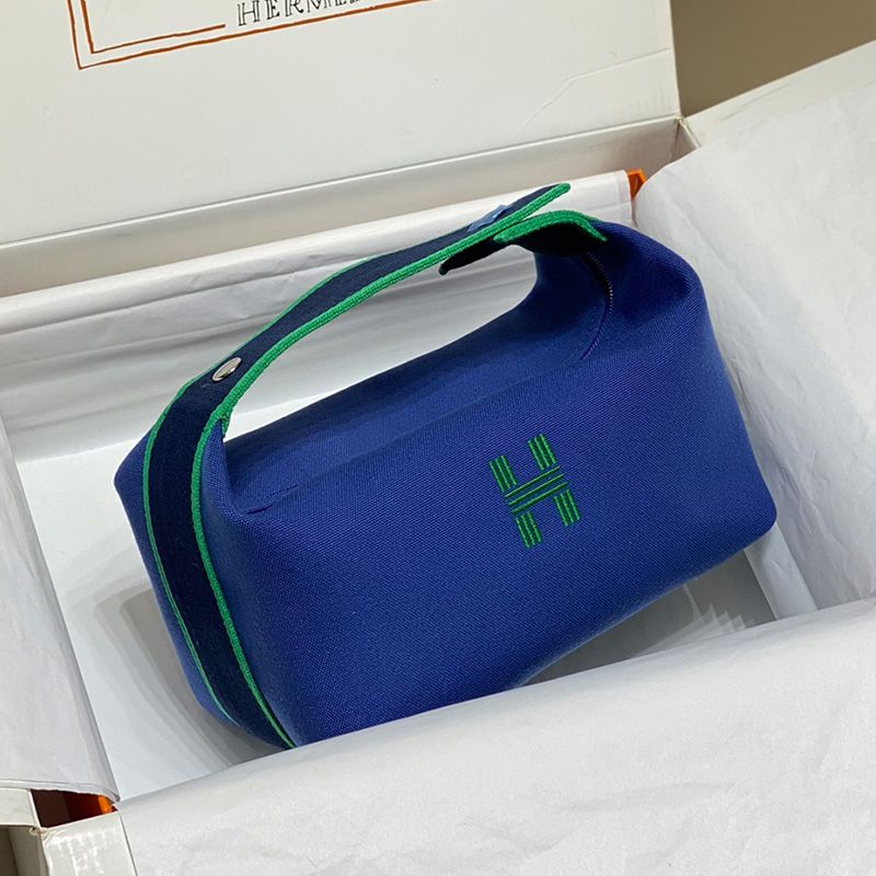 Hermes Trousse Bride-A-Brac Case Canvas Palladium Hardware In Blue Green