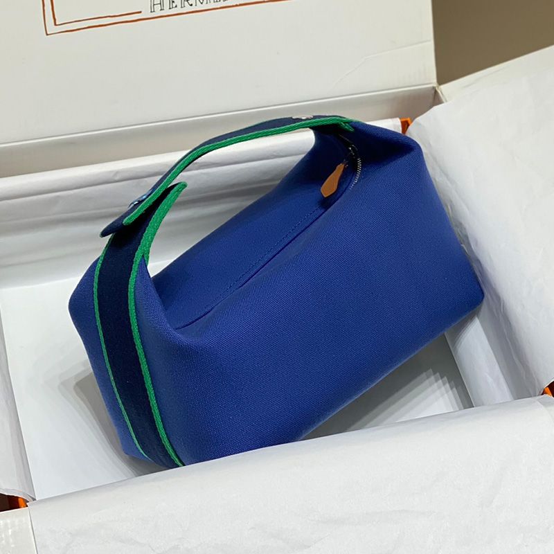 Hermes Trousse Bride-A-Brac Case Canvas Palladium Hardware In Blue Green