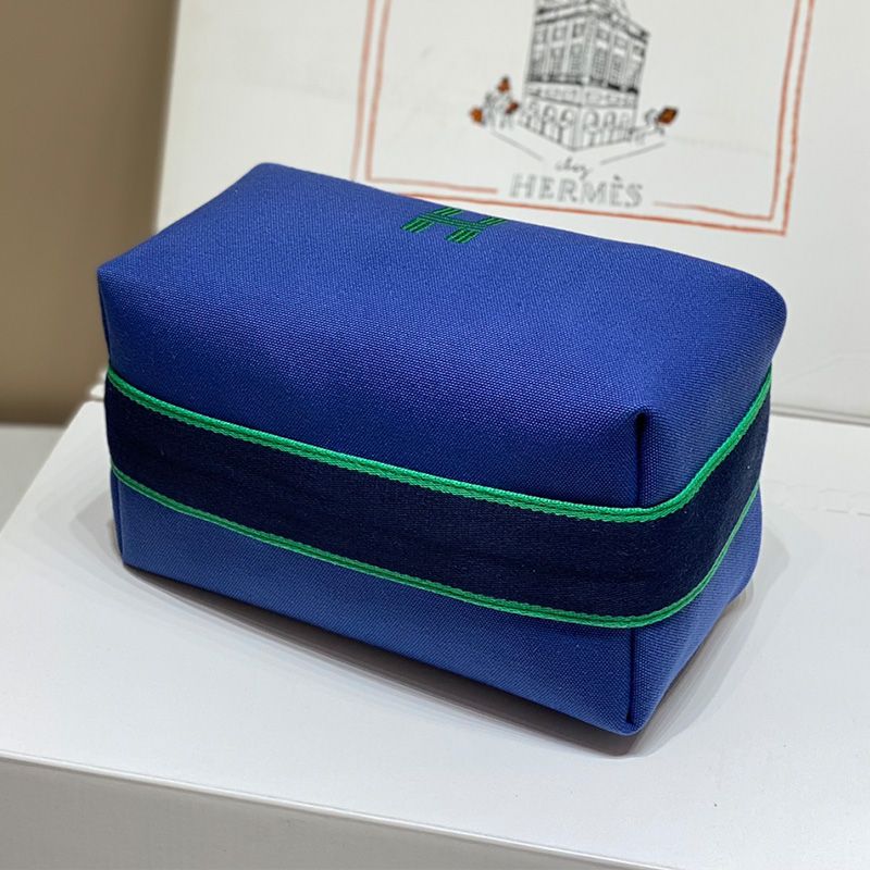 Hermes Trousse Bride-A-Brac Case Canvas Palladium Hardware In Blue Green