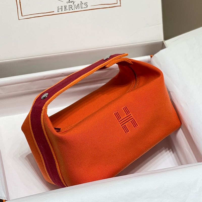 Hermes Trousse Bride-A-Brac Case Canvas Palladium Hardware In Orange Red