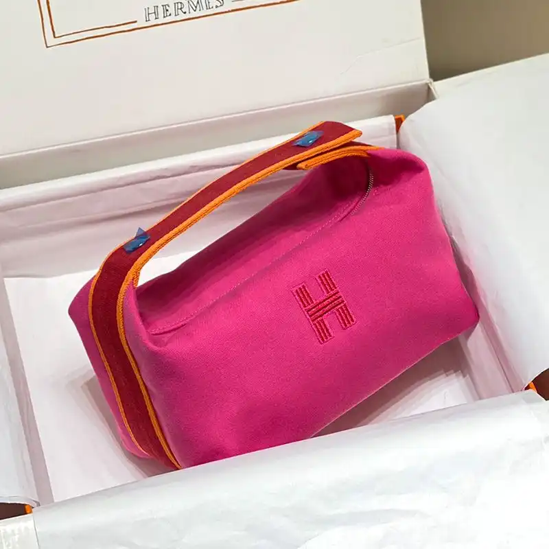 Hermes Trousse Bride-A-Brac Case Canvas Palladium Hardware In Rose Red