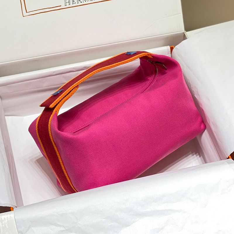 Hermes Trousse Bride-A-Brac Case Canvas Palladium Hardware In Rose Red