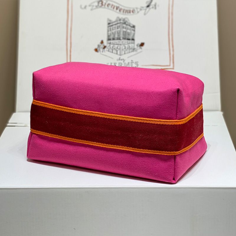 Hermes Trousse Bride-A-Brac Case Canvas Palladium Hardware In Rose Red