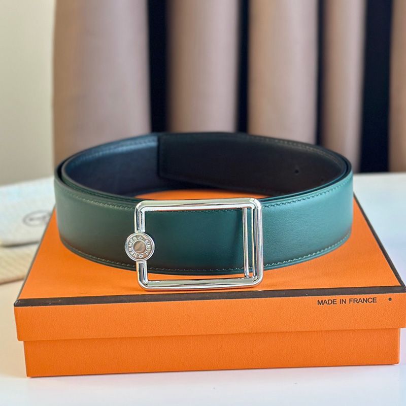 Hermes Tube Letter Buckle 38 Reversible Belt Leather In Green Black