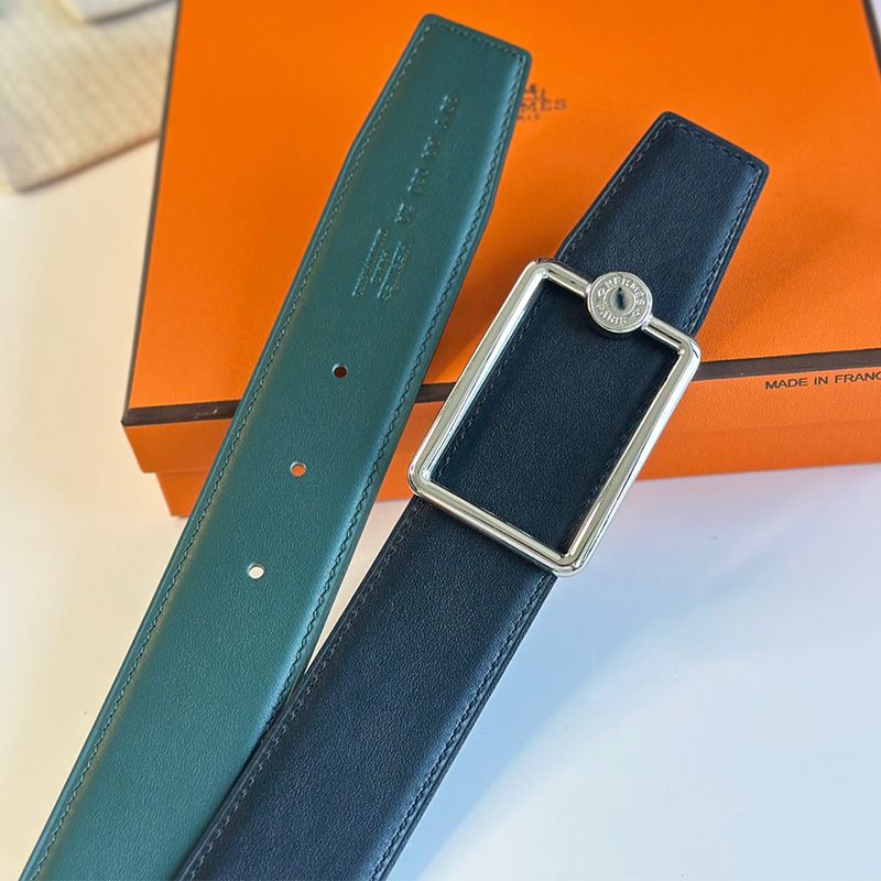 Hermes Tube Letter Buckle 38 Reversible Belt Leather In Green Black