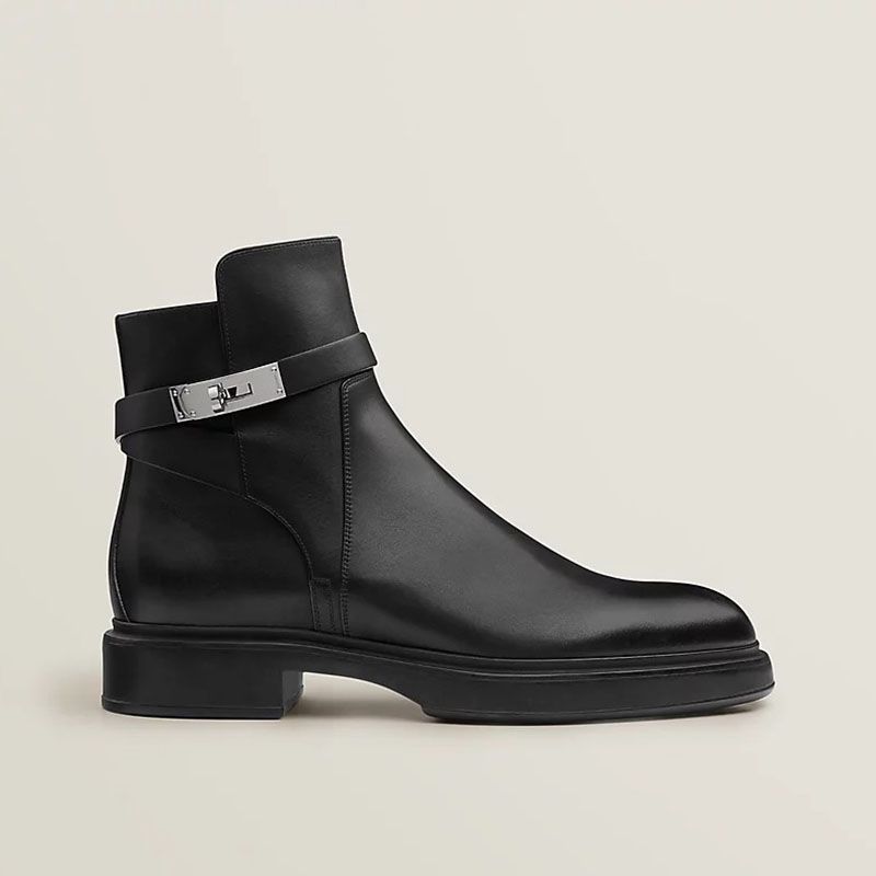 Hermes Veo Ankle Boots Women Calfskin with Ankle Strap In Black