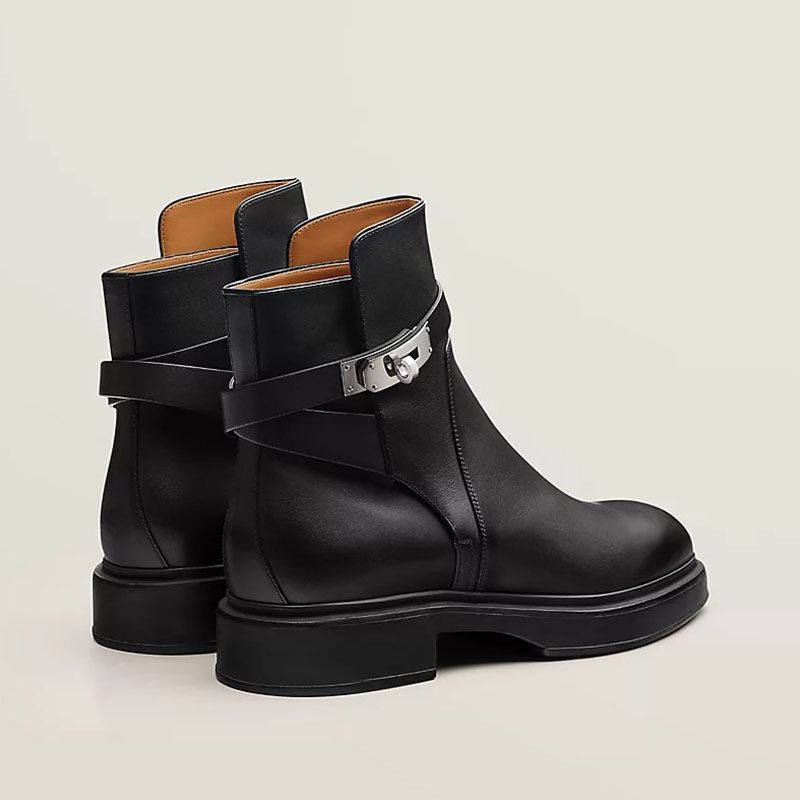 Hermes Veo Ankle Boots Women Calfskin with Ankle Strap In Black