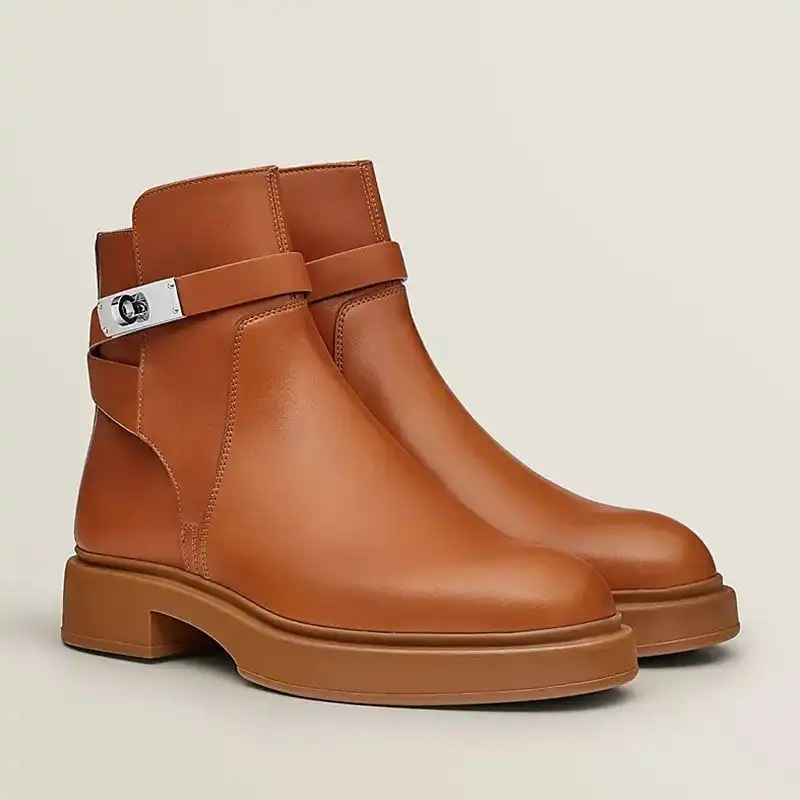 Hermes Veo Ankle Boots Women Calfskin with Ankle Strap In Brown