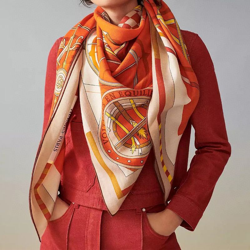 Hermes Voitures En Equilibre Shawl 140 In Orange