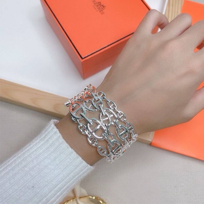 Hermes Wide Chaine D'ancre Enchainee Cuff Bracelet Silver