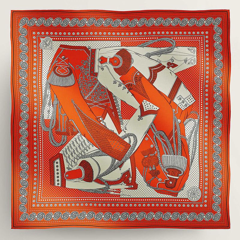 Hermes Zouaves Et Dragons Bandana Shawl 140 In Orange