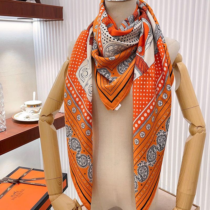 Hermes Zouaves Et Dragons Bandana Shawl 140 In Orange