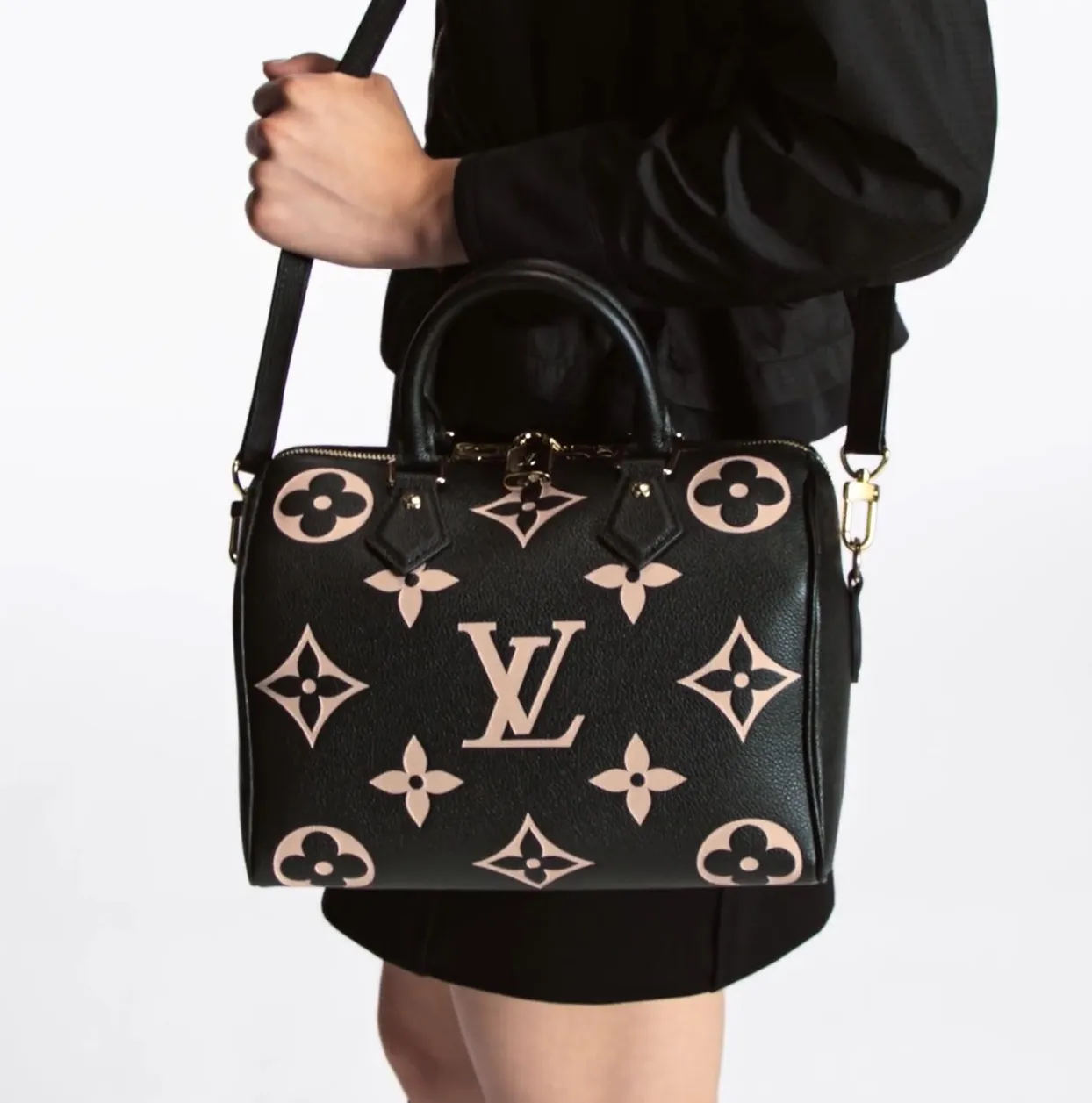 Store mens Bagsaaa M58947 Speedy Bandoulière 25 Bicolor Monogram Empreinte Leather Black Beige