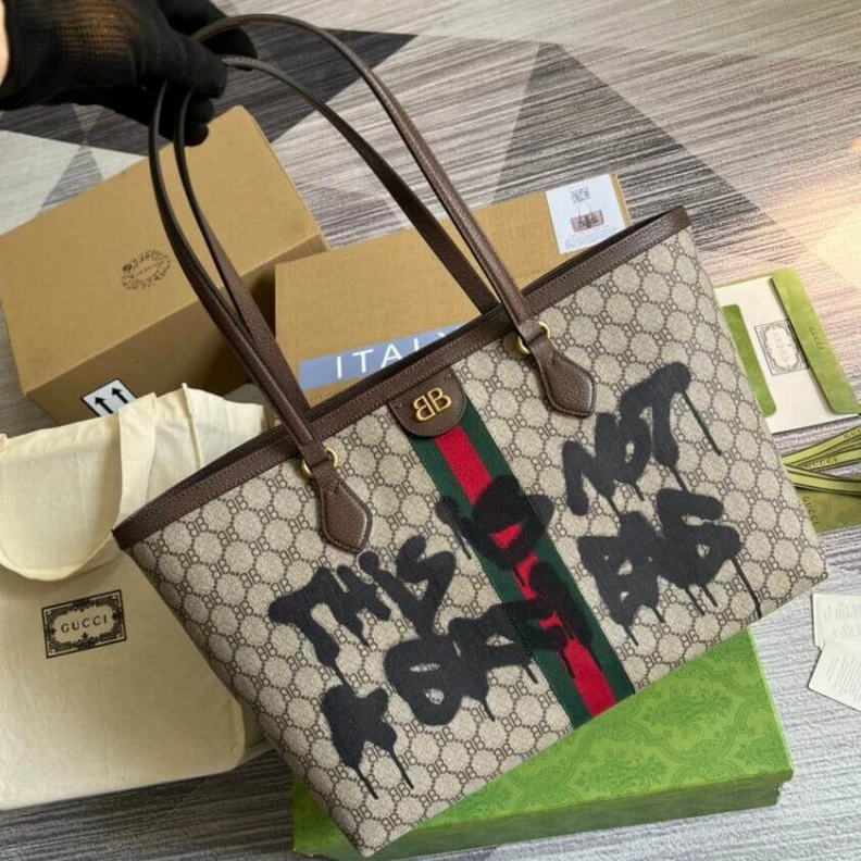 Louis vuitton locations 38 x 28 x Balenciaga x Gucci Hacker Graffiti Medium Tote Bag Beige