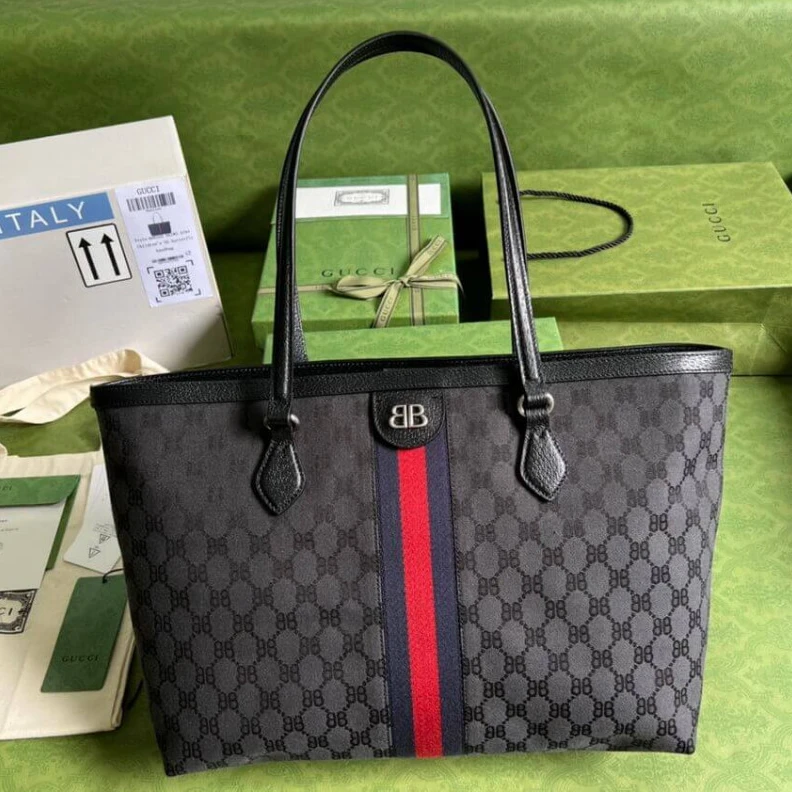 Replica bags lv Canvas ja Balenciaga x Gucci Hacker Medium Tote Bag Black