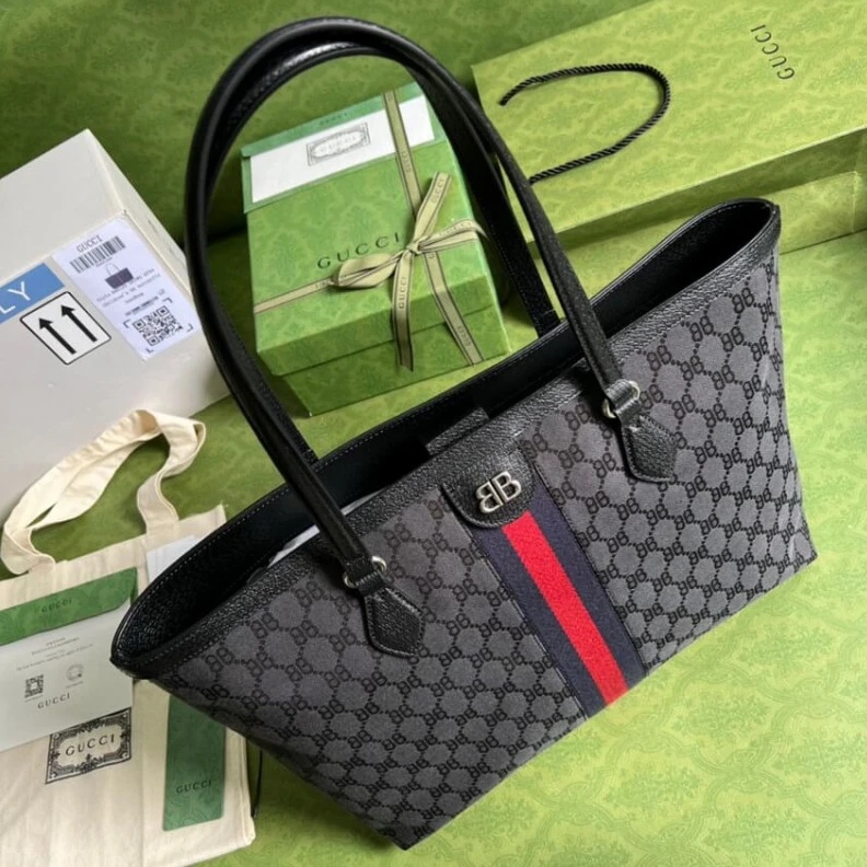 Replica bags lv Canvas ja Balenciaga x Gucci Hacker Medium Tote Bag Black
