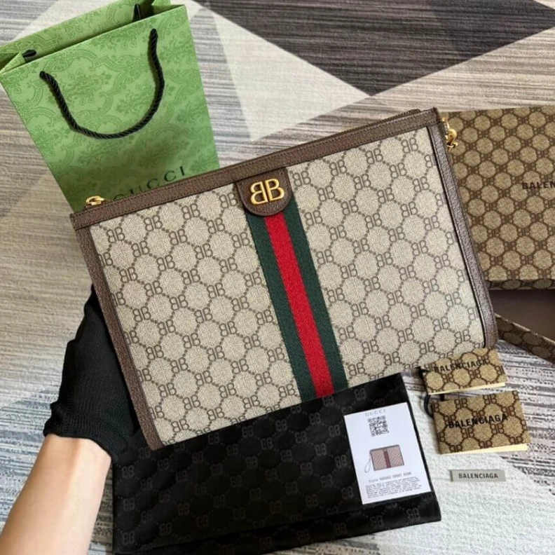 Aged gold Balenciaga x Gucci Hacker Pouch Coffee