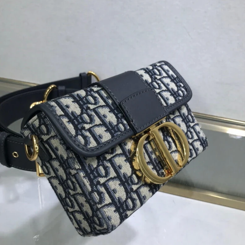 Top lv 17.5 x 11 Christian Dior 30 Montaigne Box Bag Blue Oblique Jacquard