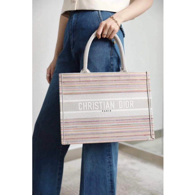 Top lv The Dior B Christian Dior Book Tote Multicolor Stripes Embroidery