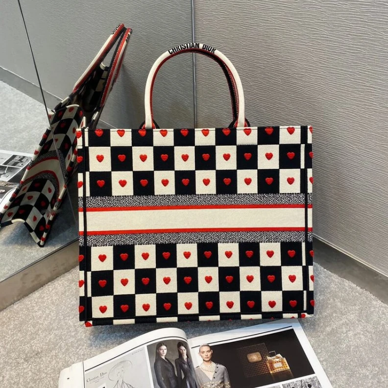 Replica bags lv Christian Dior Dioramour Book Tote D-Chess Heart Embroidery