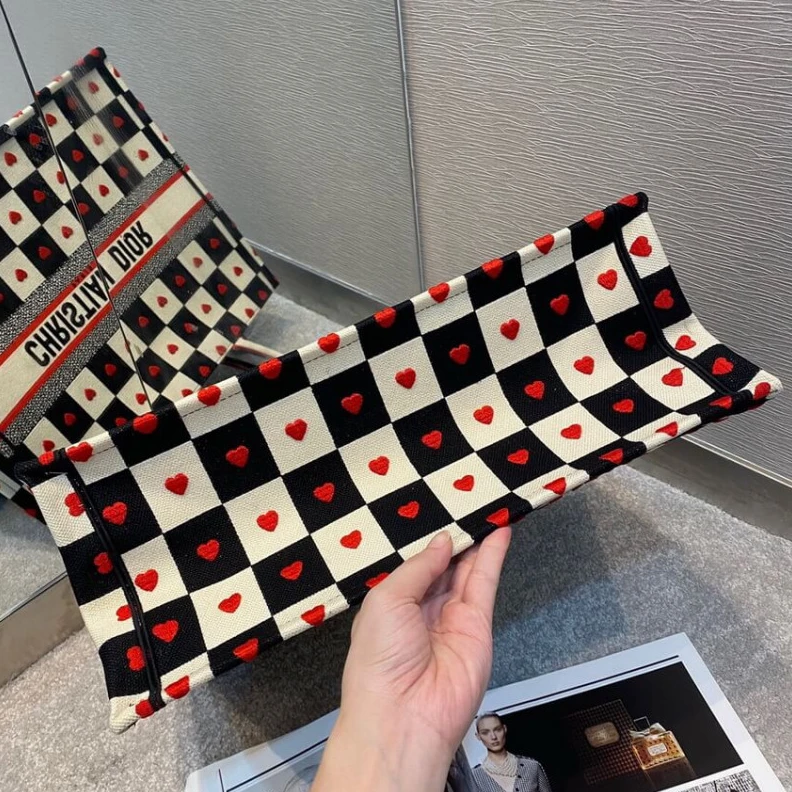 Replica bags lv Christian Dior Dioramour Book Tote D-Chess Heart Embroidery