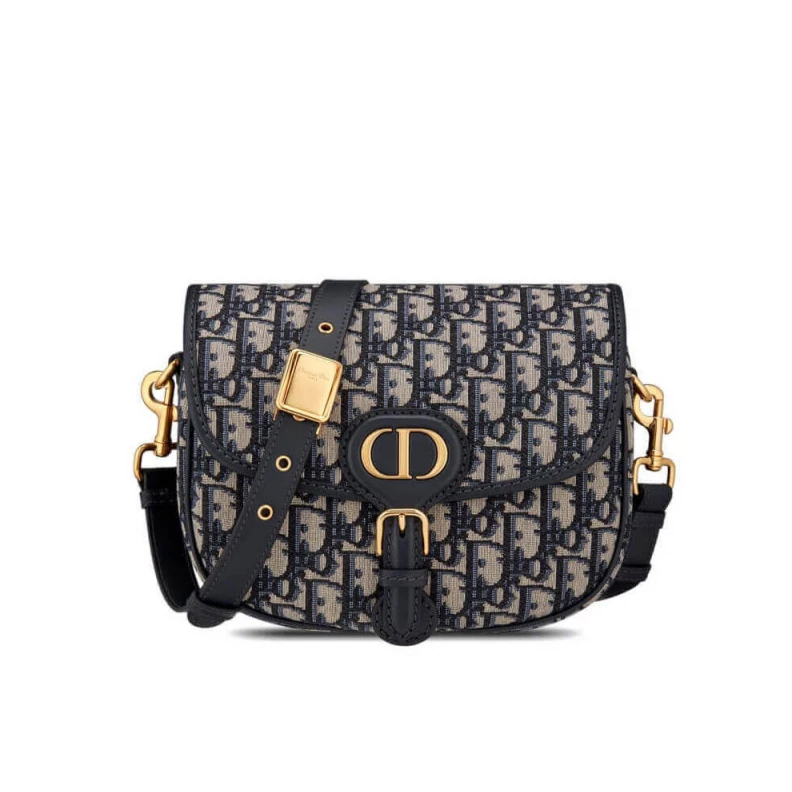 Embossed Christian Dior Medium Bobby Bag Blue Oblique Jacquard