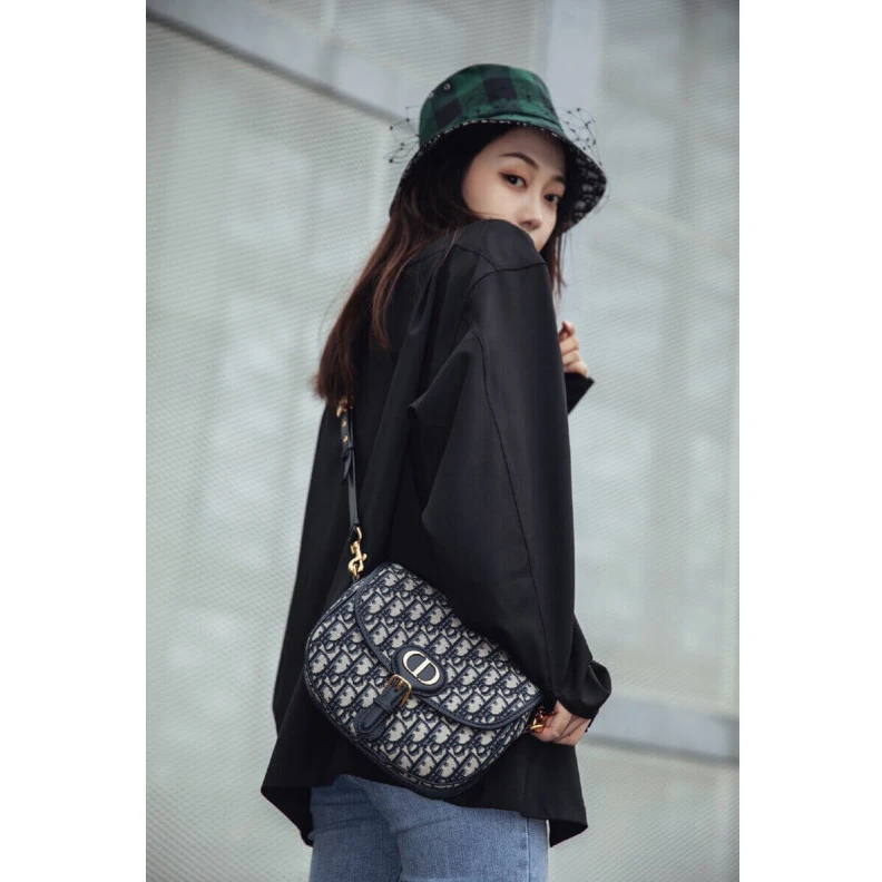 Replica ysl bags Embossed Christian Dior Medium Bobby Bag Blue Oblique Jacquard