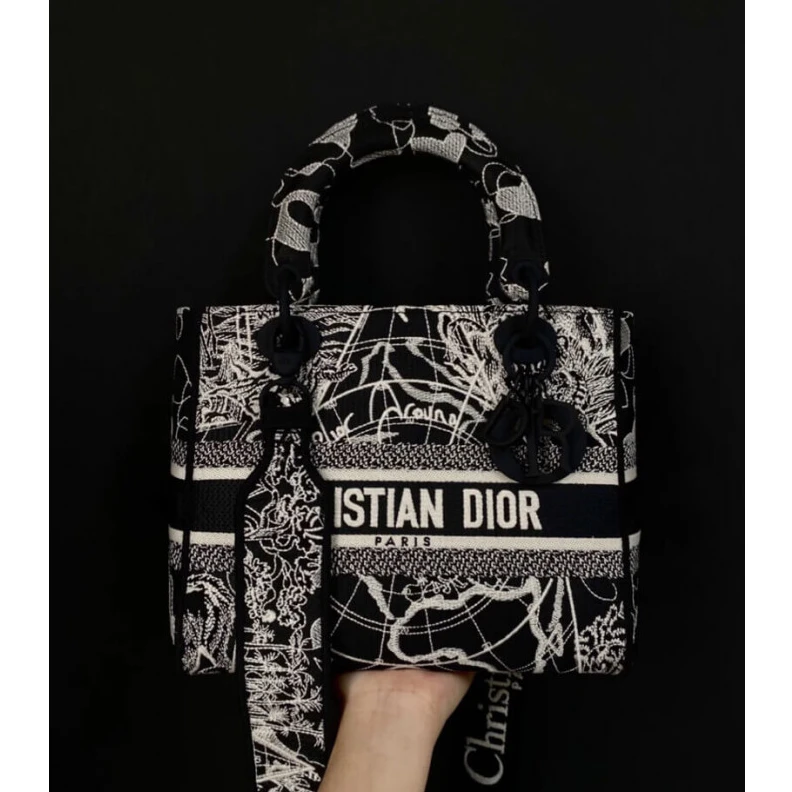 Replica valentino bags 24 x 20 x Christian Dior Medium Lady D-Lite Bag Black and White Around the World Embroidery