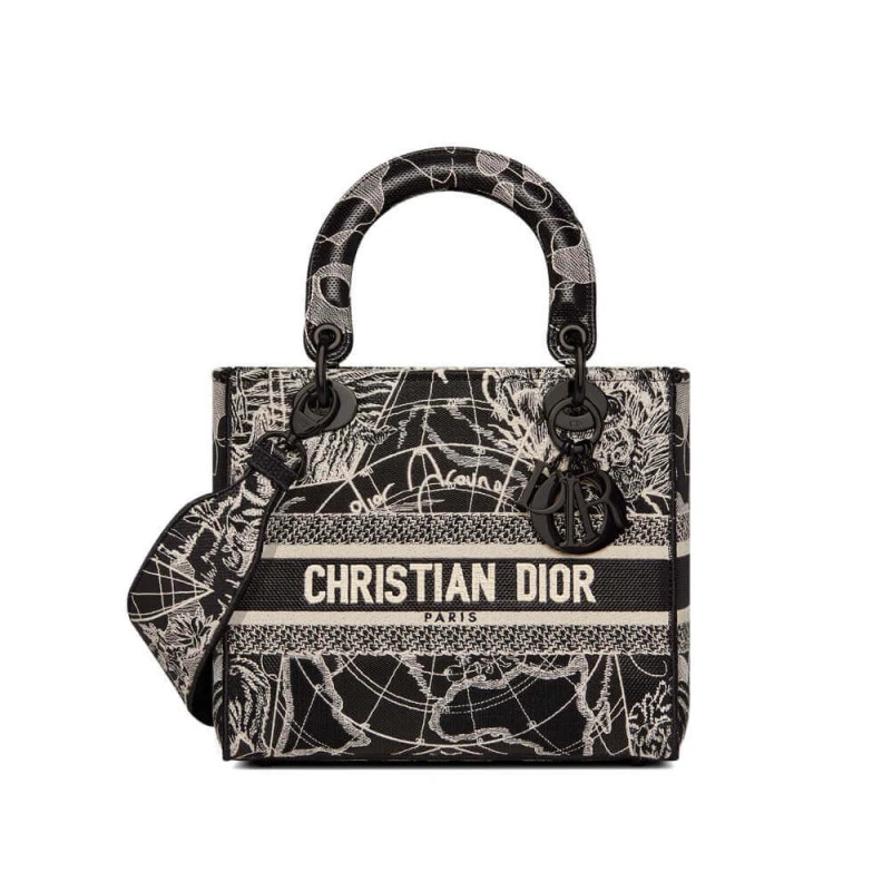 24 x 20 x Christian Dior Medium Lady D-Lite Bag Black and White Around the World Embroidery
