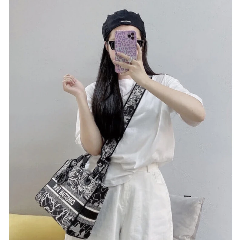 Replica valentino bags 24 x 20 x Christian Dior Medium Lady D-Lite Bag Black and White Around the World Embroidery
