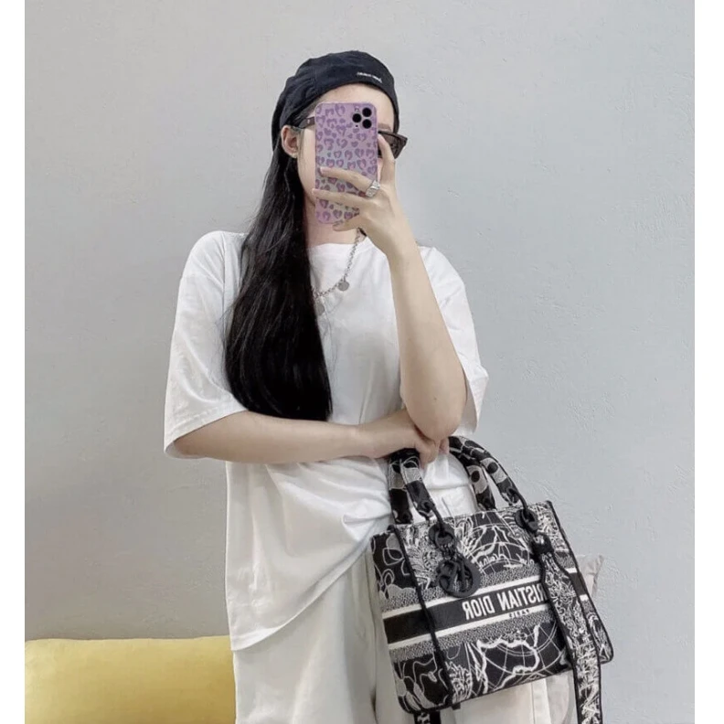 Replica valentino bags 24 x 20 x Christian Dior Medium Lady D-Lite Bag Black and White Around the World Embroidery